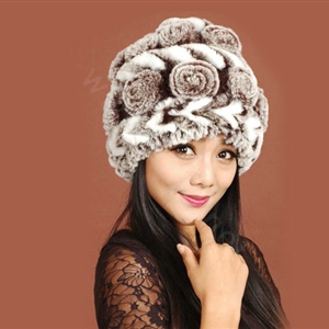 Women Knitted Rex Rabbit Fur Hats Thicker Winter Handmade Flower Warm Caps - Coffee White