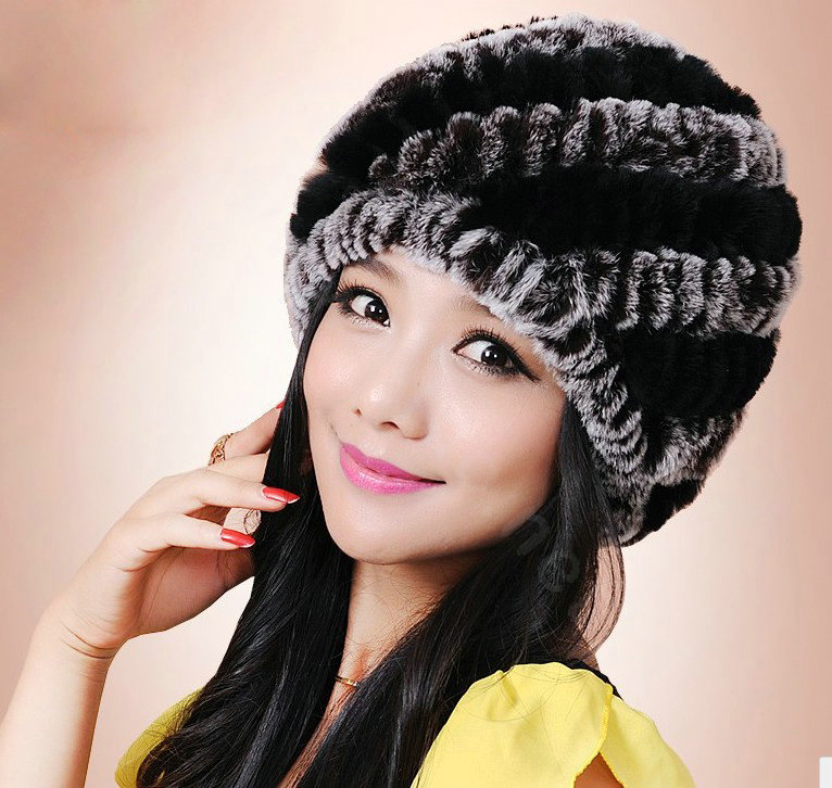 Women Knitted Rex Rabbit Fur Hats Thicker Winter Handmade Thermal Twill Caps - Black Grey