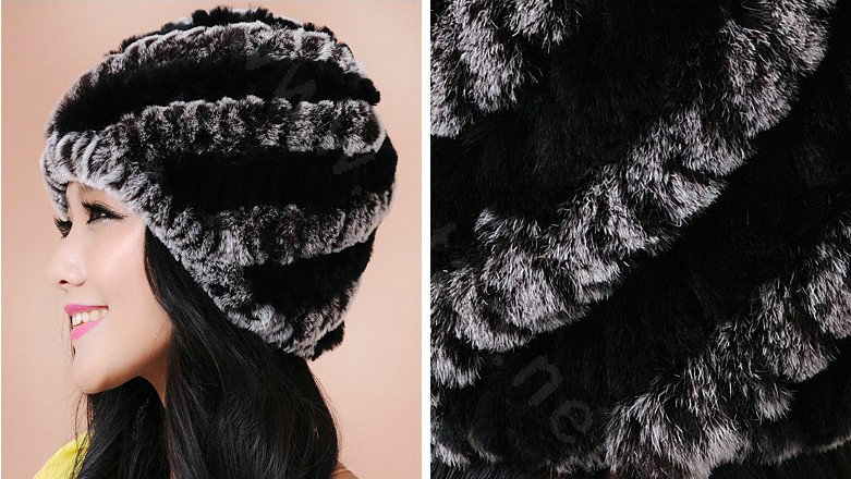 Women Knitted Rex Rabbit Fur Hats Thicker Winter Handmade Thermal Twill Caps - Black Grey
