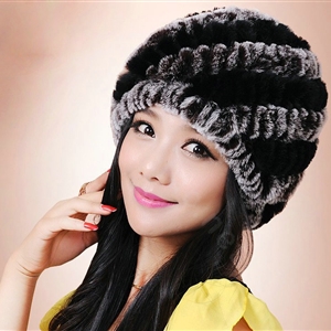 Women Knitted Rex Rabbit Fur Hats Thicker Winter Handmade Thermal Twill Caps - Black Grey
