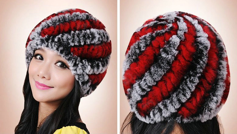 Women Knitted Rex Rabbit Fur Hats Thicker Winter Handmade Thermal Twill Caps - Black Red
