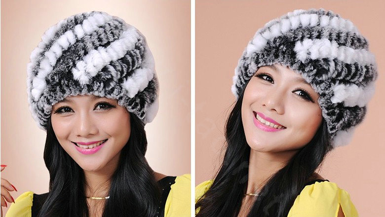 Women Knitted Rex Rabbit Fur Hats Thicker Winter Handmade Thermal Twill Caps - Black White