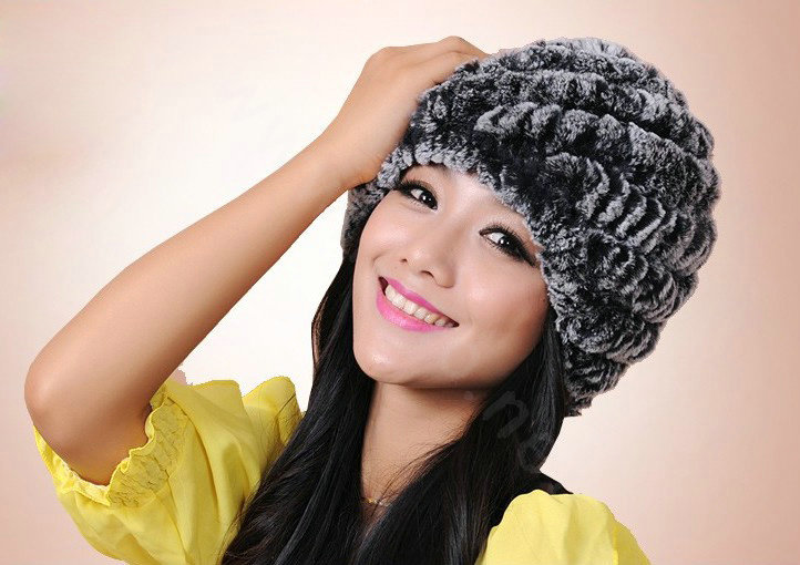 Women Knitted Rex Rabbit Fur Hats Thicker Winter Handmade Thermal Twill Caps - Black