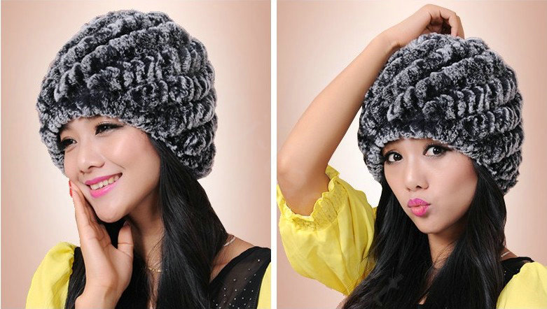 Women Knitted Rex Rabbit Fur Hats Thicker Winter Handmade Thermal Twill Caps - Black