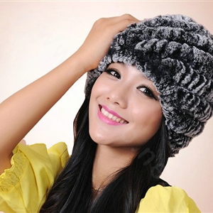 Women Knitted Rex Rabbit Fur Hats Thicker Winter Handmade Thermal Twill Caps - Black