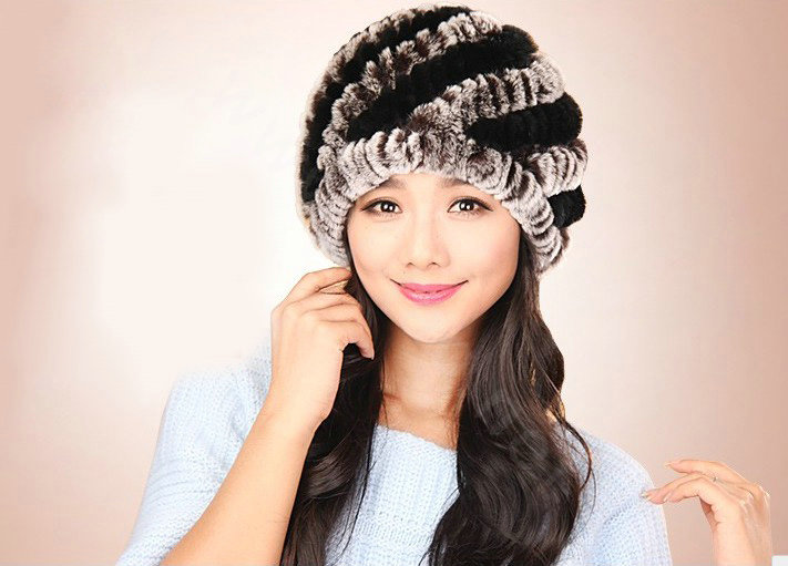 Women Knitted Rex Rabbit Fur Hats Thicker Winter Handmade Thermal Twill Caps - Brown Black
