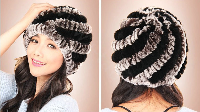 Women Knitted Rex Rabbit Fur Hats Thicker Winter Handmade Thermal Twill Caps - Brown Black