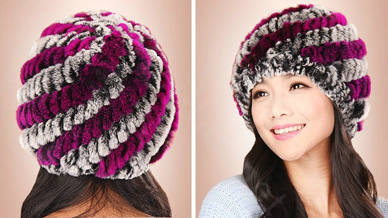 Women Knitted Rex Rabbit Fur Hats Thicker Winter Handmade Thermal Twill Caps - Brown Purple
