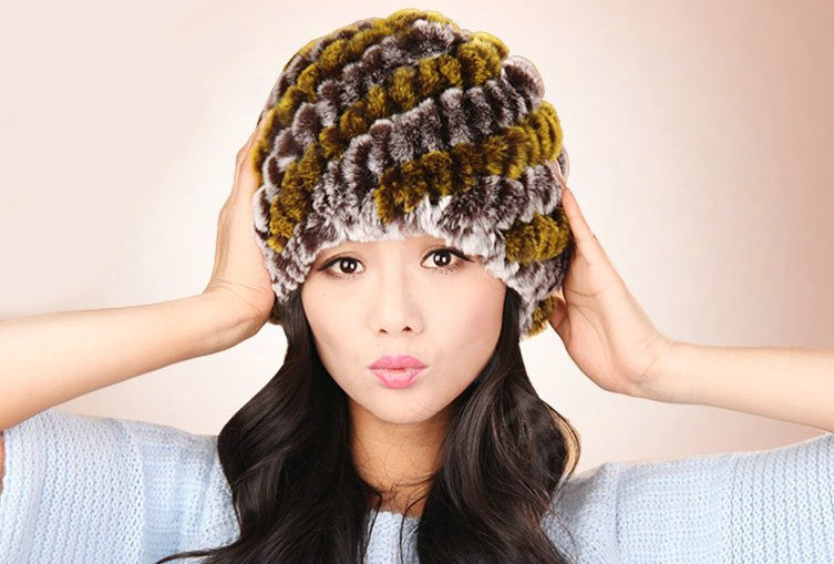 Women Knitted Rex Rabbit Fur Hats Thicker Winter Handmade Thermal Twill Caps - Brown Yellow