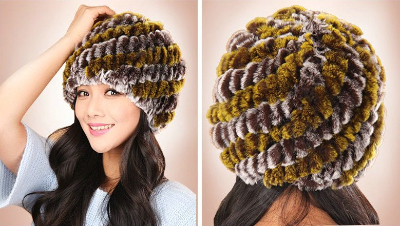 Women Knitted Rex Rabbit Fur Hats Thicker Winter Handmade Thermal Twill Caps - Brown Yellow