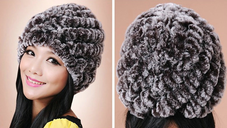 Women Knitted Rex Rabbit Fur Hats Thicker Winter Handmade Thermal Twill Caps - Brown