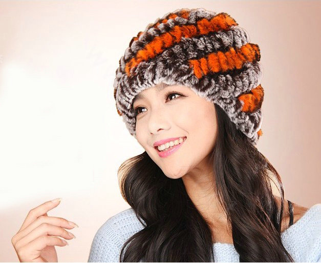 Women Knitted Rex Rabbit Fur Hats Thicker Winter Handmade Thermal Twill Caps - Coffee Orange