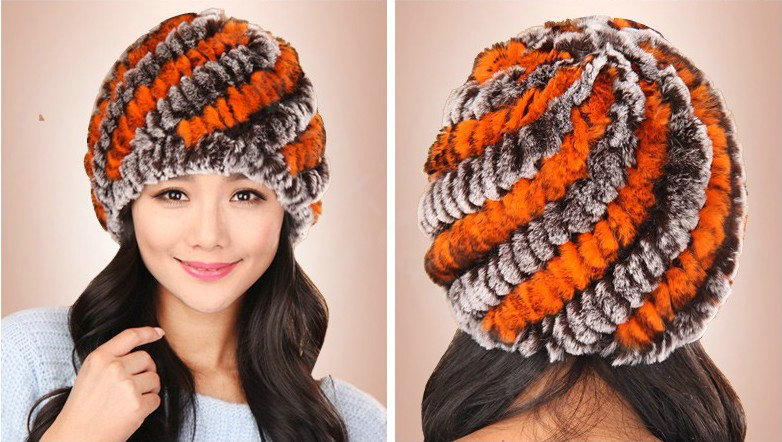 Women Knitted Rex Rabbit Fur Hats Thicker Winter Handmade Thermal Twill Caps - Coffee Orange