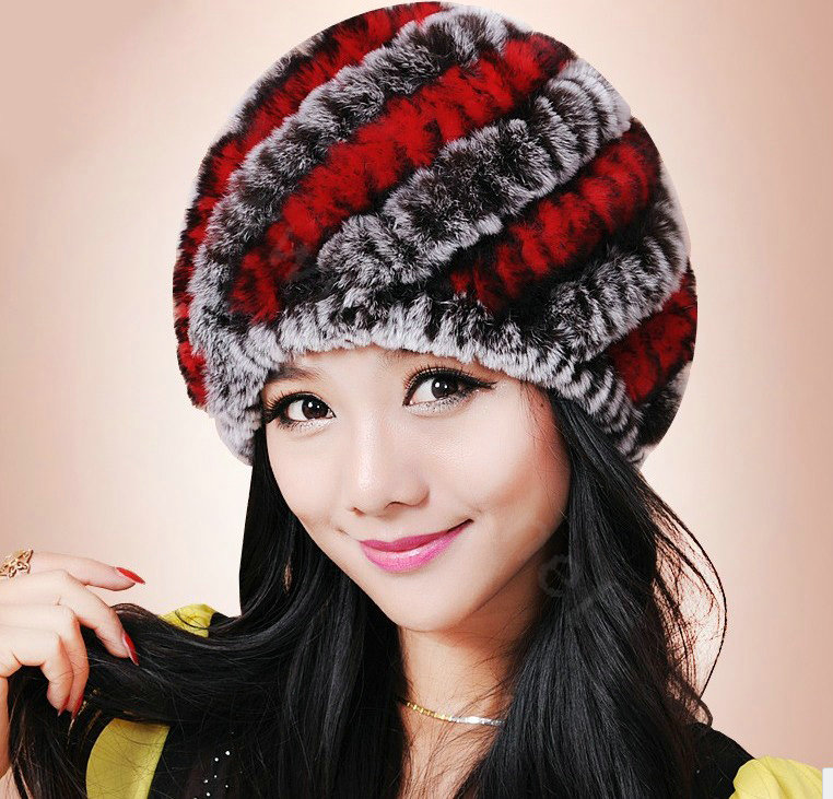 Women Knitted Rex Rabbit Fur Hats Thicker Winter Handmade Thermal Twill Caps - Coffee Red