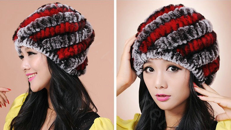 Women Knitted Rex Rabbit Fur Hats Thicker Winter Handmade Thermal Twill Caps - Coffee Red