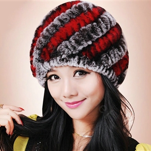 Women Knitted Rex Rabbit Fur Hats Thicker Winter Handmade Thermal Twill Caps - Coffee Red