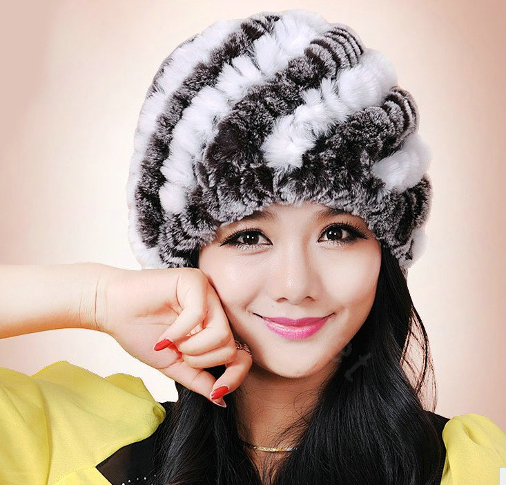 Women Knitted Rex Rabbit Fur Hats Thicker Winter Handmade Thermal Twill Caps - Coffee White