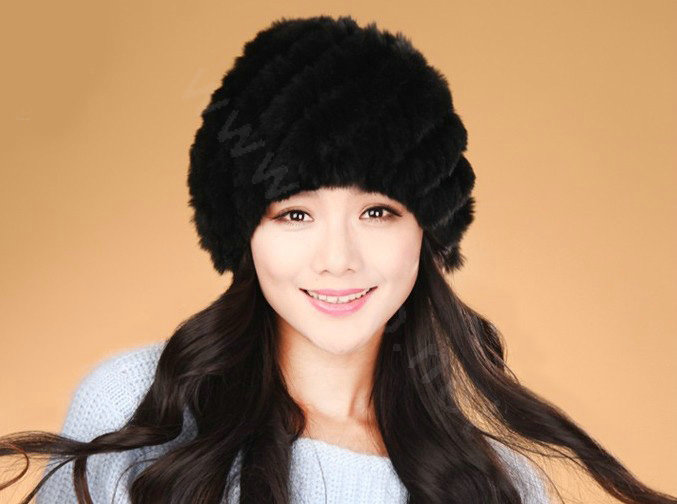 Women Knitted Rex Rabbit Fur Hats Thicker Winter Handmade Thermal Twill Caps - Dark Black