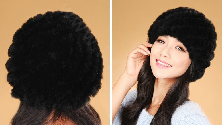 Women Knitted Rex Rabbit Fur Hats Thicker Winter Handmade Thermal Twill Caps - Dark Black