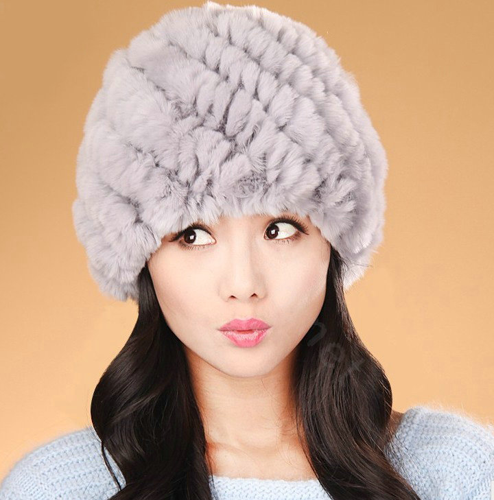 Women Knitted Rex Rabbit Fur Hats Thicker Winter Handmade Thermal Twill Caps - Grey