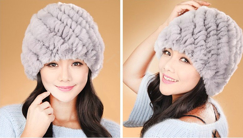 Women Knitted Rex Rabbit Fur Hats Thicker Winter Handmade Thermal Twill Caps - Grey