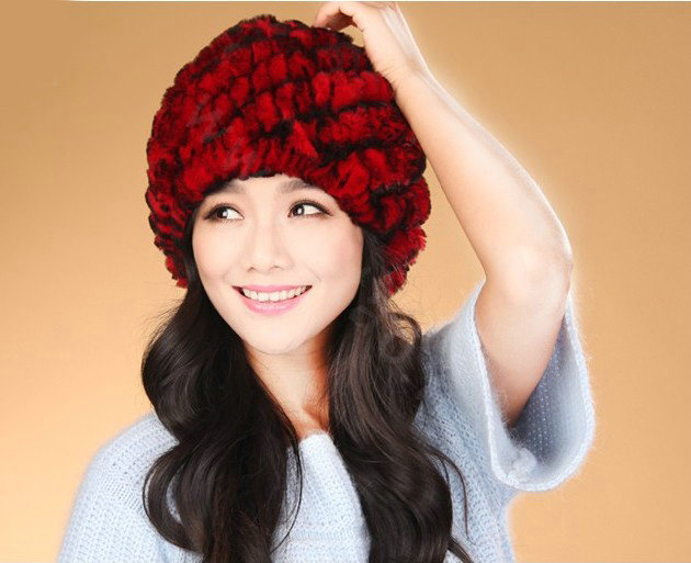 Women Knitted Rex Rabbit Fur Hats Thicker Winter Handmade Thermal Twill Caps - Red