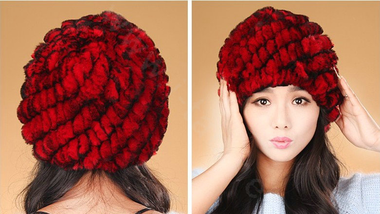Women Knitted Rex Rabbit Fur Hats Thicker Winter Handmade Thermal Twill Caps - Red