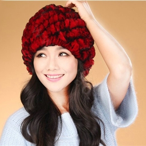 Women Knitted Rex Rabbit Fur Hats Thicker Winter Handmade Thermal Twill Caps - Red