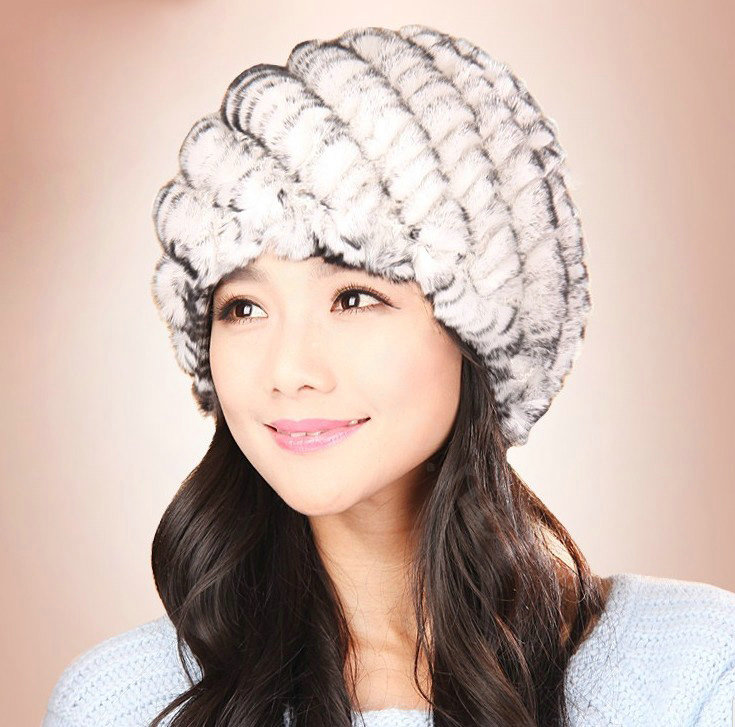 Women Knitted Rex Rabbit Fur Hats Thicker Winter Handmade Thermal Twill Caps - White Black