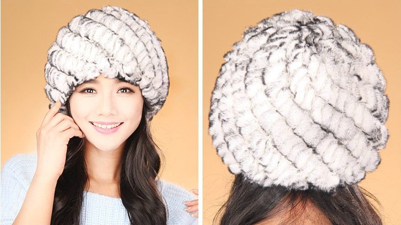 Women Knitted Rex Rabbit Fur Hats Thicker Winter Handmade Thermal Twill Caps - White Black