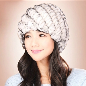 Women Knitted Rex Rabbit Fur Hats Thicker Winter Handmade Thermal Twill Caps - White Black