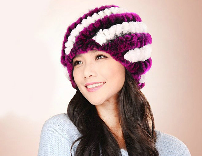 Women Knitted Rex Rabbit Fur Hats Thicker Winter Handmade Thermal Twill Caps - White Purple
