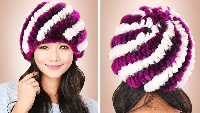 Women Knitted Rex Rabbit Fur Hats Thicker Winter Handmade Thermal Twill Caps - White Purple