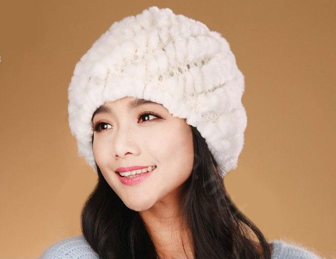 Women Knitted Rex Rabbit Fur Hats Thicker Winter Handmade Thermal Twill Caps - White
