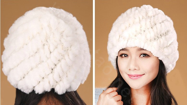 Women Knitted Rex Rabbit Fur Hats Thicker Winter Handmade Thermal Twill Caps - White