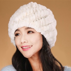 Women Knitted Rex Rabbit Fur Hats Thicker Winter Handmade Thermal Twill Caps - White