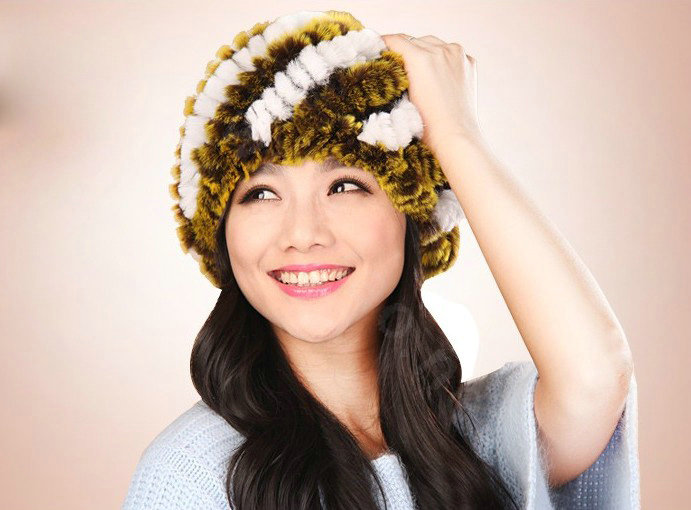 Women Knitted Rex Rabbit Fur Hats Thicker Winter Handmade Thermal Twill Caps - Yellow White