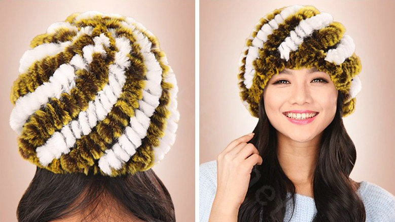 Women Knitted Rex Rabbit Fur Hats Thicker Winter Handmade Thermal Twill Caps - Yellow White
