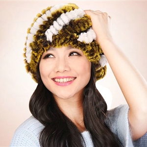 Women Knitted Rex Rabbit Fur Hats Thicker Winter Handmade Thermal Twill Caps - Yellow White