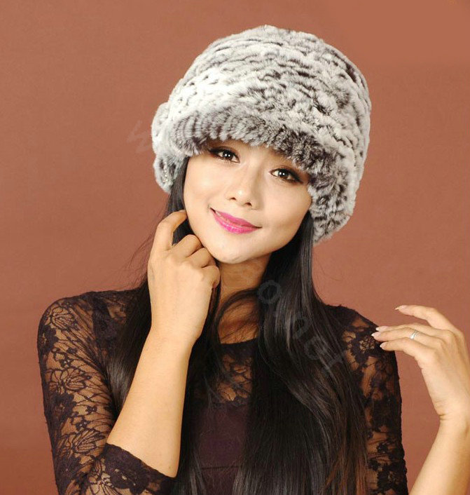 Women Knitted Rex Rabbit Fur Hats Thicker Winter Handmade Warm Peaked Caps - Black