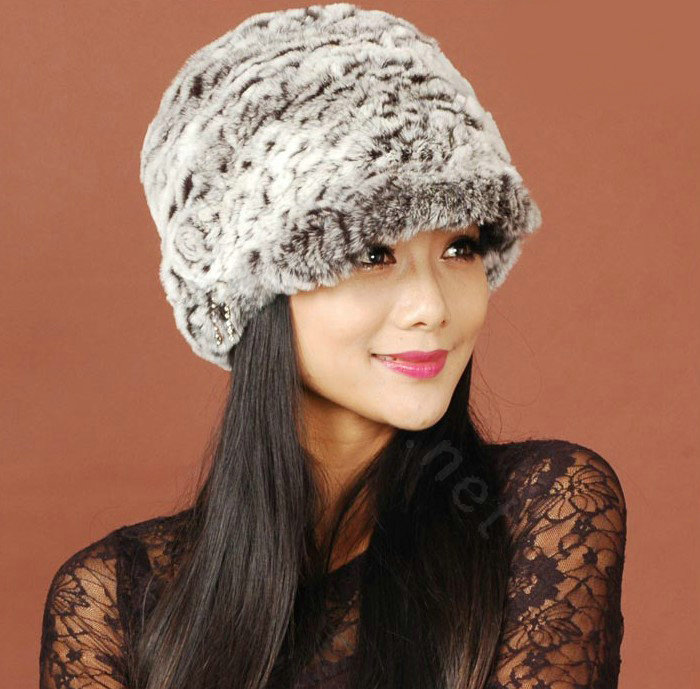 Women Knitted Rex Rabbit Fur Hats Thicker Winter Handmade Warm Peaked Caps - Black
