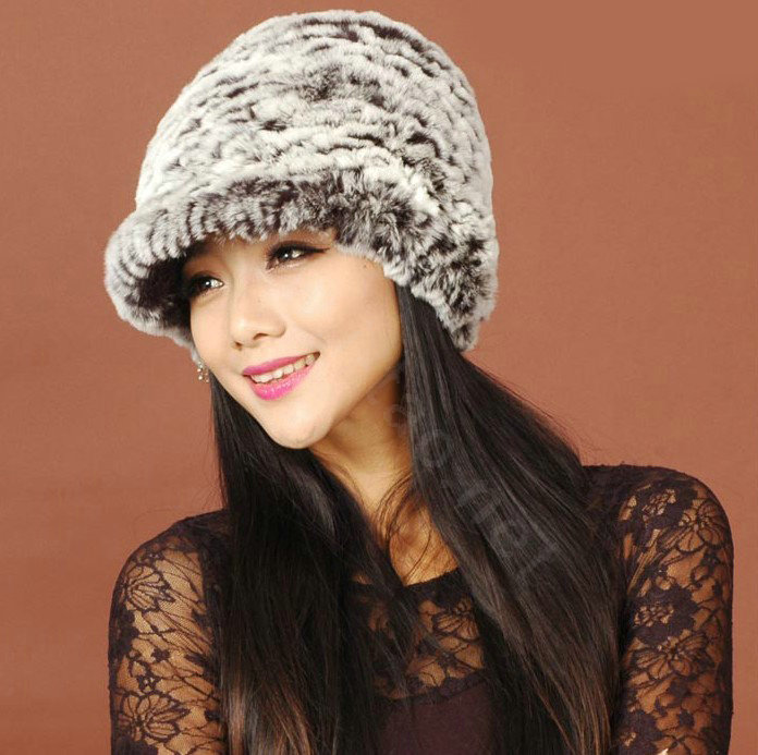 Women Knitted Rex Rabbit Fur Hats Thicker Winter Handmade Warm Peaked Caps - Black