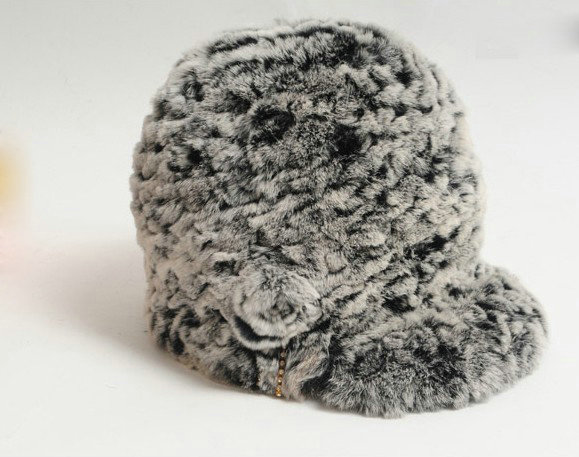Women Knitted Rex Rabbit Fur Hats Thicker Winter Handmade Warm Peaked Caps - Black