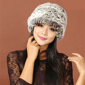 Women Knitted Rex Rabbit Fur Hats Thicker Winter Handmade Warm Peaked Caps - Black