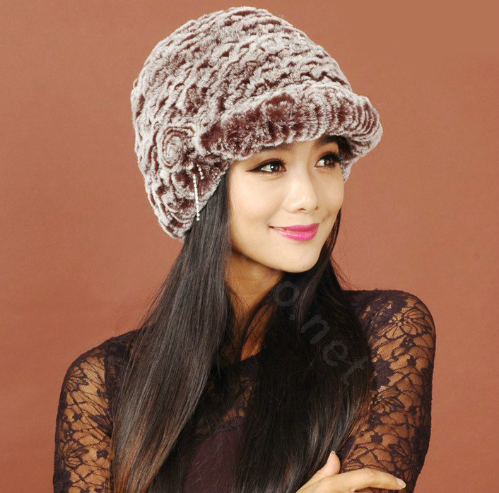 Women Knitted Rex Rabbit Fur Hats Thicker Winter Handmade Warm Peaked Caps - Brown