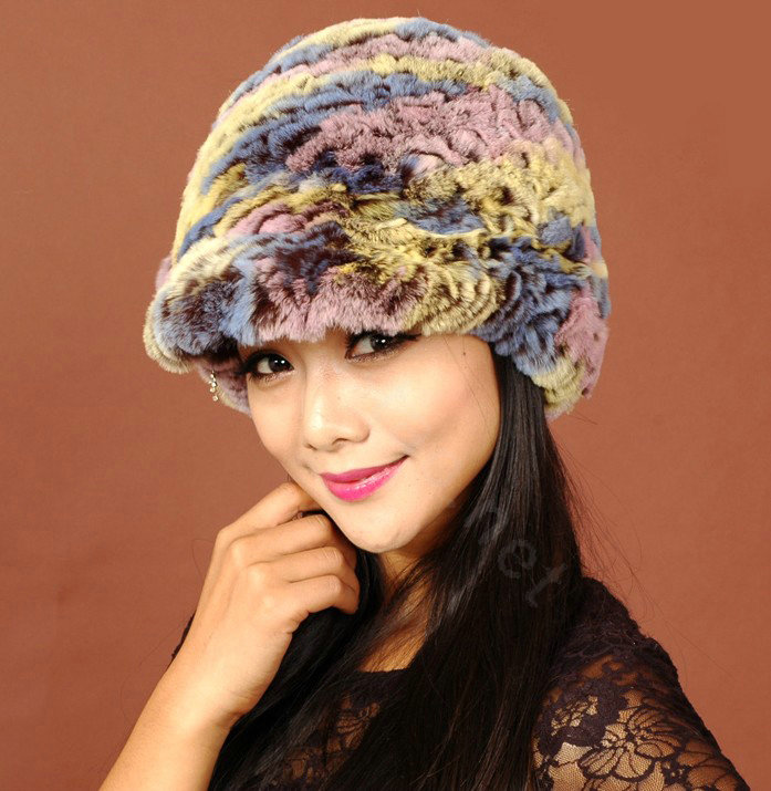 Women Knitted Rex Rabbit Fur Hats Thicker Winter Handmade Warm Peaked Caps - Multicolor