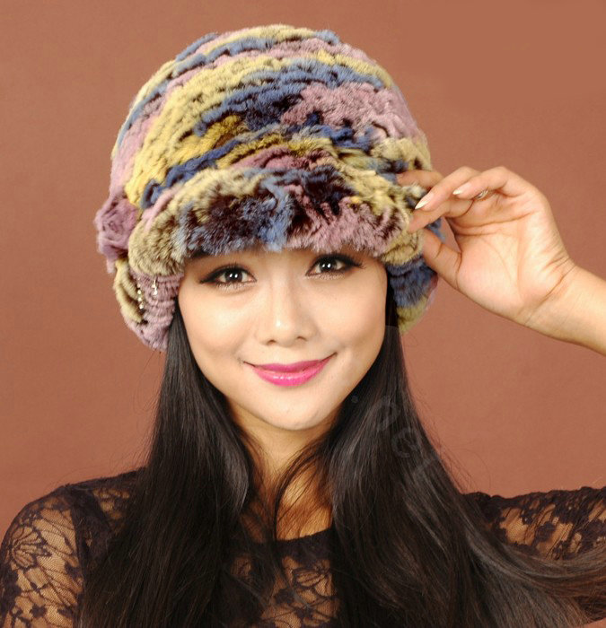 Women Knitted Rex Rabbit Fur Hats Thicker Winter Handmade Warm Peaked Caps - Multicolor