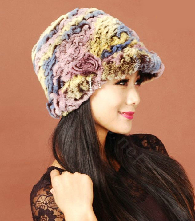 Women Knitted Rex Rabbit Fur Hats Thicker Winter Handmade Warm Peaked Caps - Multicolor