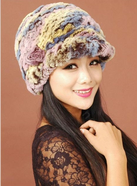 Women Knitted Rex Rabbit Fur Hats Thicker Winter Handmade Warm Peaked Caps - Multicolor