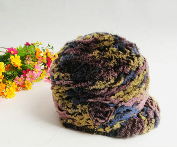 Women Knitted Rex Rabbit Fur Hats Thicker Winter Handmade Warm Peaked Caps - Multicolor